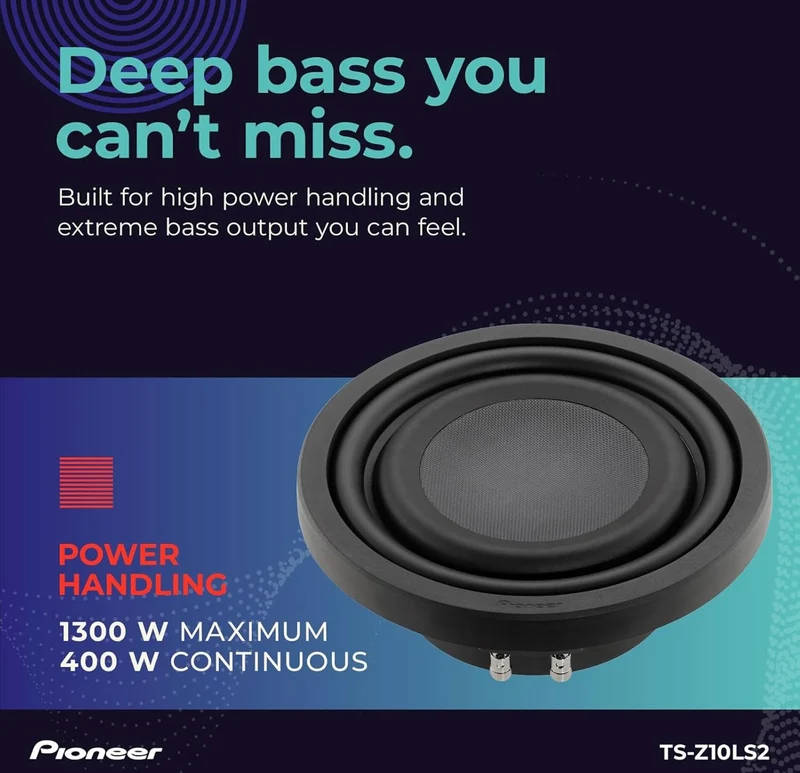 Pioneer TS-Z10LS2 10” Oversized Subwoofer, Shallow Design, Easy Installation and Flexible Fit, 1300 Watts Peak Power, Single 2 Ohms Voice Coil for Deep, Enhanced Bass Response