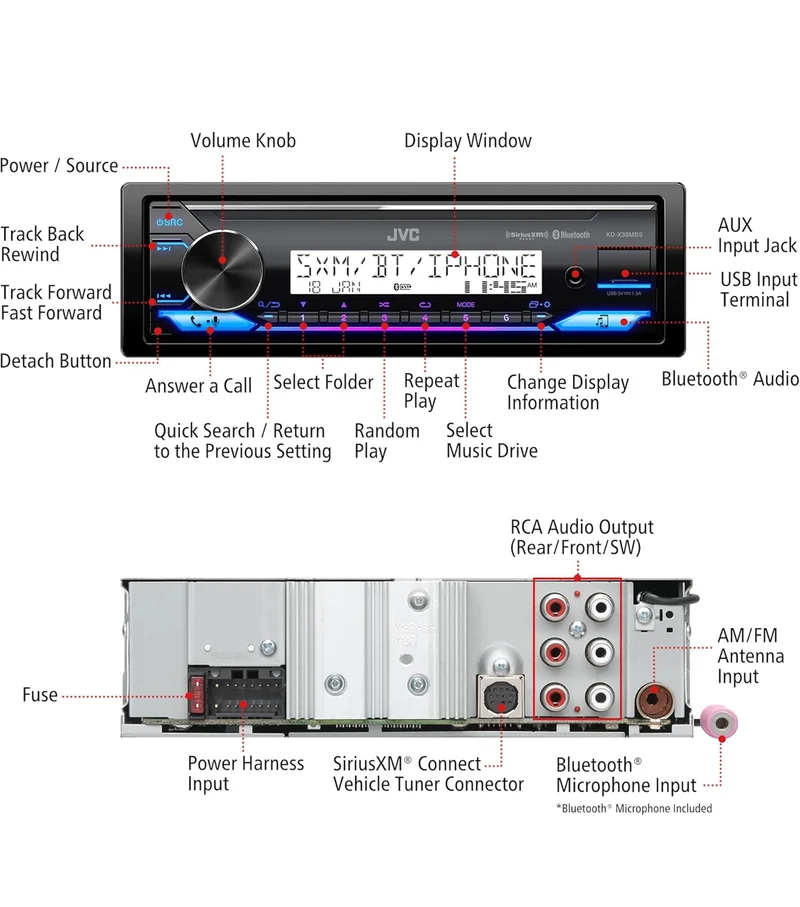 JVC KD-X38MBS Car & Marine Digital Media Receiver with Bluetooth, USB, SiriusXM Ready, Compatible with Amazon Alexa, Conformal Coated PCB