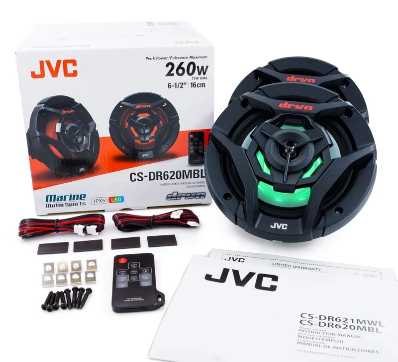 JVC CS-DR621MWL 6.5 Inch Car & Marine, Motor Sports, Car Audio Stereo 2- Way Speakers with Cool Built in RGB LED Lights, Weatherproof IPX5, 260 Watts, UV Protected Grills Included - White