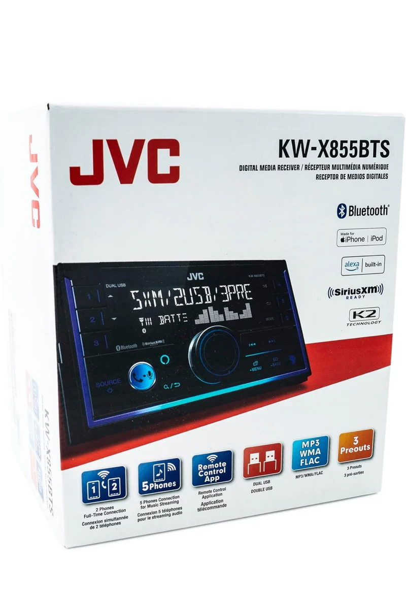 JVC KW-X855BTS Bluetooth Car Stereo Digital Media Receiver with USB Port, AM/FM Radio, MP3 Player, Amazon Alexa, Android, iPhone, Double DIN, 13-Band EQ