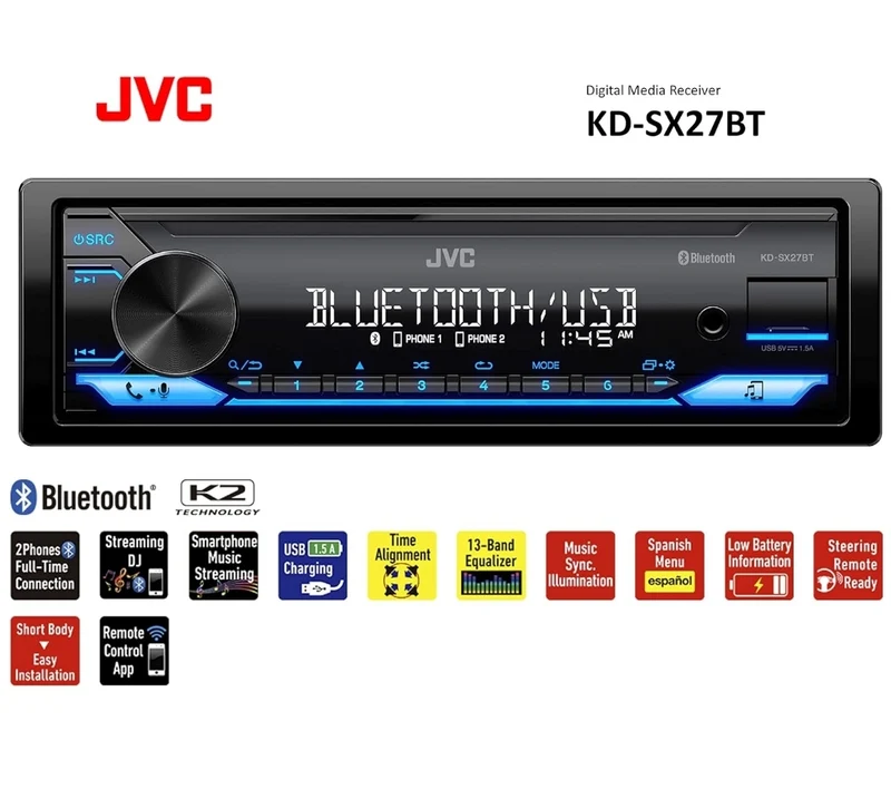 JVC KD-SX27BT Car Stereo with Bluetooth, 100W Digital Media Receiver, 1.5A USB to Charge Devices, Single DIN Head Unit, AM/FM, Aux-in, JVC Remote App