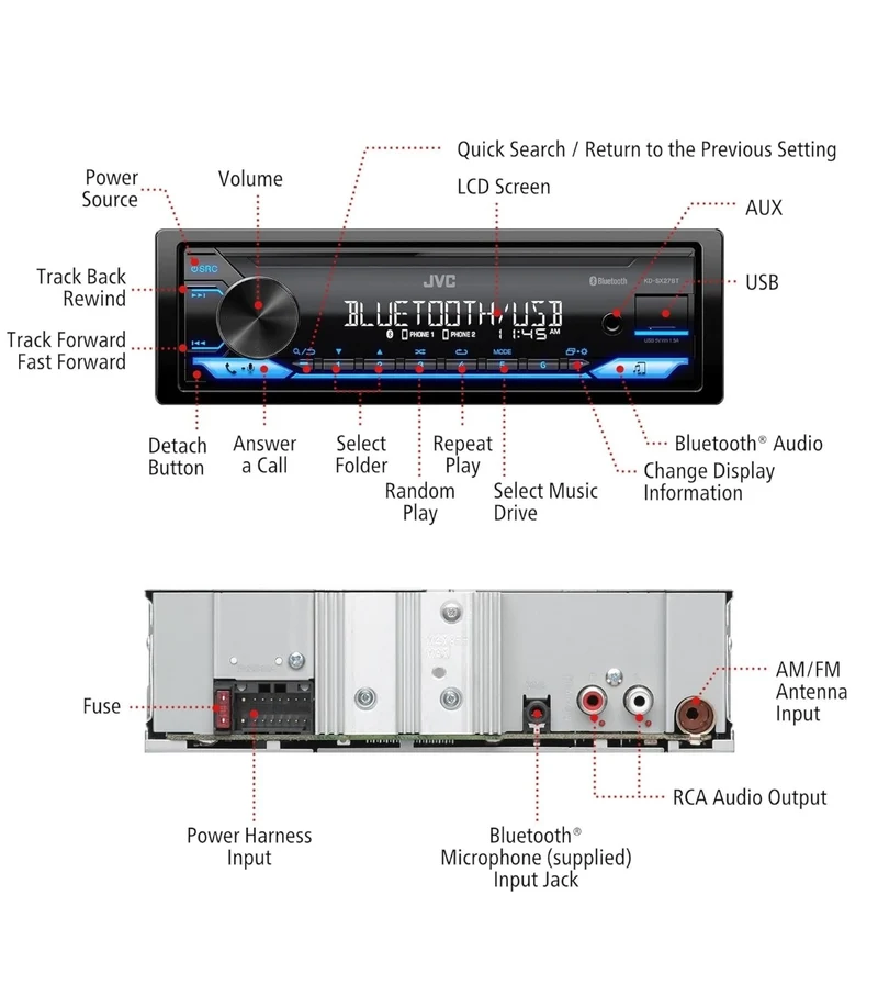 JVC KD-SX27BT Car Stereo with Bluetooth, 100W Digital Media Receiver, 1.5A USB to Charge Devices, Single DIN Head Unit, AM/FM, Aux-in, JVC Remote App