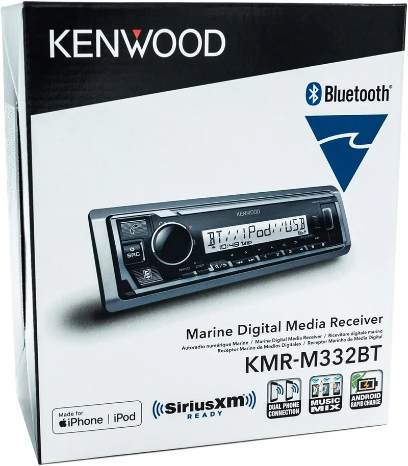 KENWOOD KMR-M332BT Car & Marine Stereo - Single Din, Bluetooth Audio, USB MP3, Aux in, AM FM Radio SiriusXM Ready, Weatherproof, Multi Color Illumination