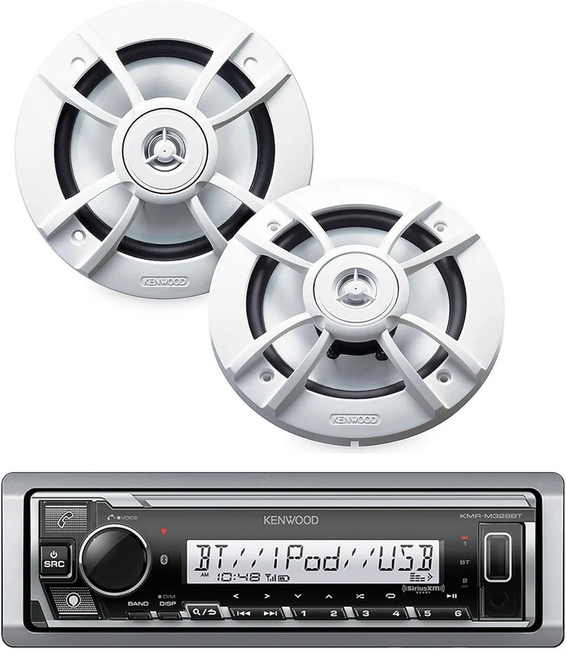 KENWOOD KMR-D382BT Car & Marine Stereo - Single Din, Bluetooth SiriusXM Ready, Weatherproof (Package W/ Speakers)