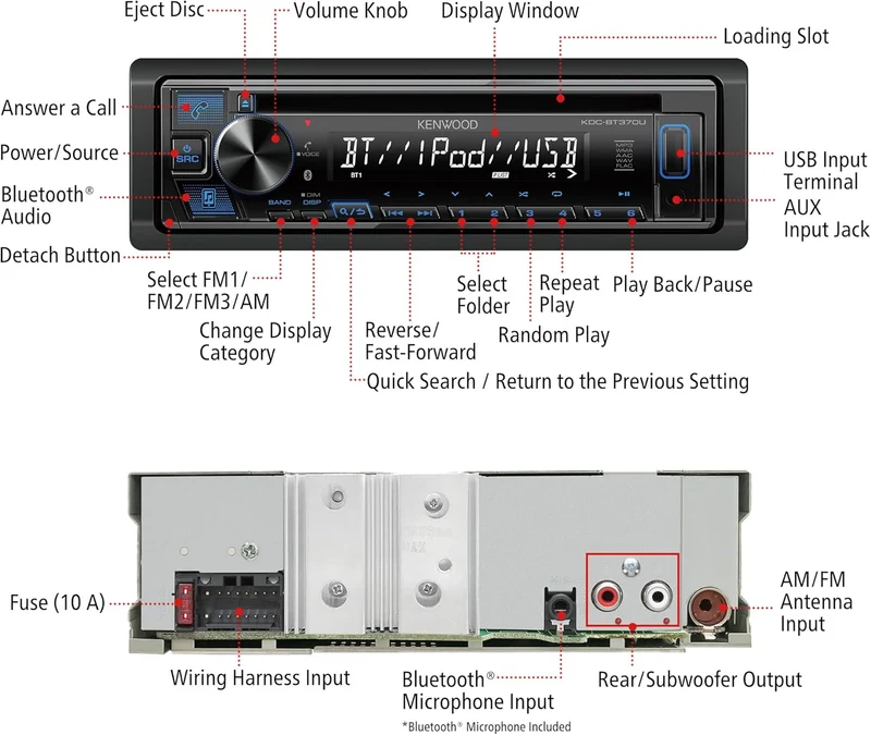 KENWOOD KDC-BT370U CD Car Stereo with Bluetooth, AM/FM Radio, Front High Power USB, Alexa Built in