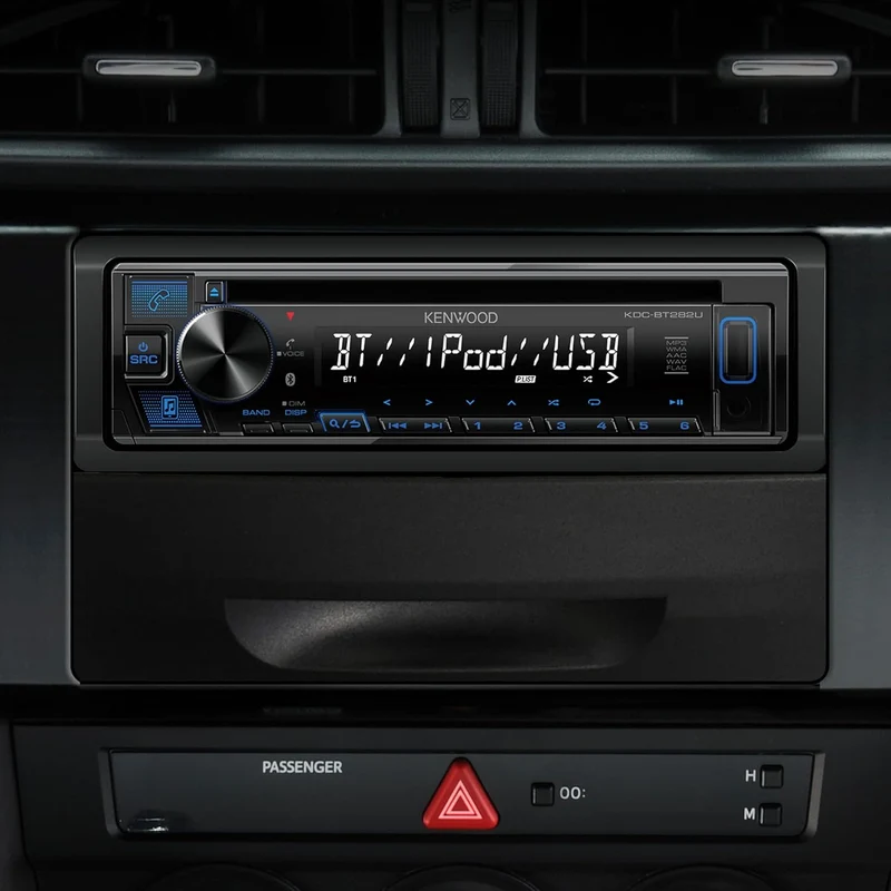 KENWOOD KDC-BT282U CD Car Stereo - Single Din, Bluetooth Audio, USB MP3, FLAC, Aux in, AM FM Radio, Detachable face with White 13-Digit LCD Display and Blue Button Illumination