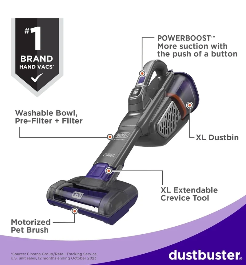 BLACK+DECKER dustbuster furbuster AdvancedClean+ Cordless Pet Handheld Vacuum, Home, Pet and Car Vacuum (HHVK515JP07)
