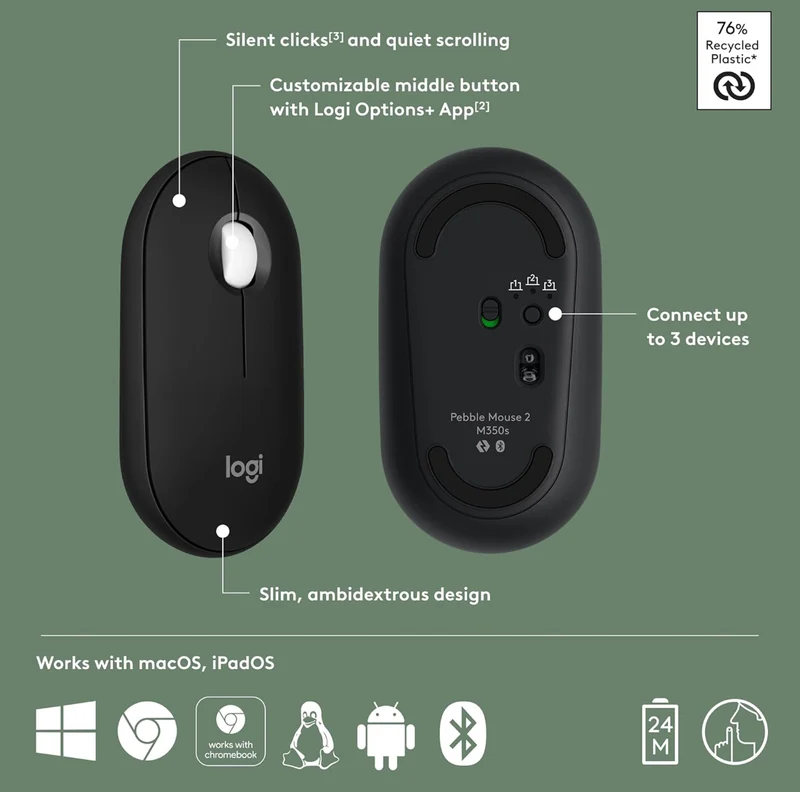 Logitech Pebble Mouse 2 M350s Slim Bluetooth Wireless Mouse, Portable, Lightweight, Customizable Button, Quiet Clicks, Easy-Switch for Windows, macOS, iPadOS, Android, Chrome OS - Black