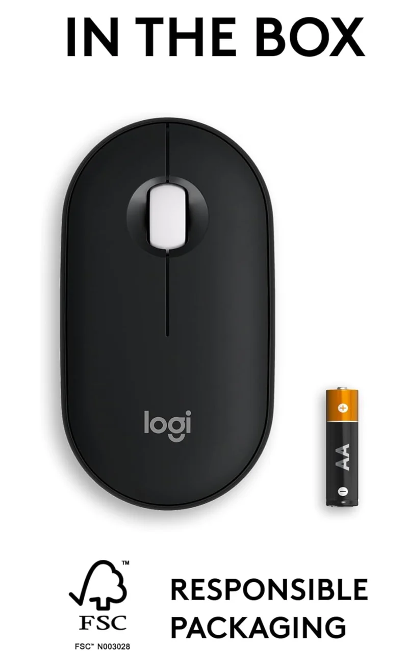 Logitech Pebble Mouse 2 M350s Slim Bluetooth Wireless Mouse, Portable, Lightweight, Customizable Button, Quiet Clicks, Easy-Switch for Windows, macOS, iPadOS, Android, Chrome OS - Black