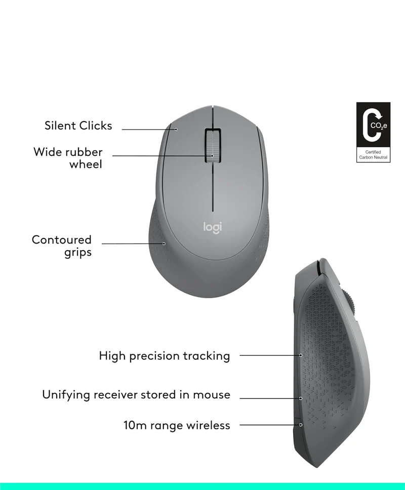 Logitech M330 SILENT Wireless Mouse, 2.4GHz with USB Receiver, Optical Tracking, Quiet & Lightweight, Long Battery Life, for PC, Mac, Laptop, Chromebook - Grey