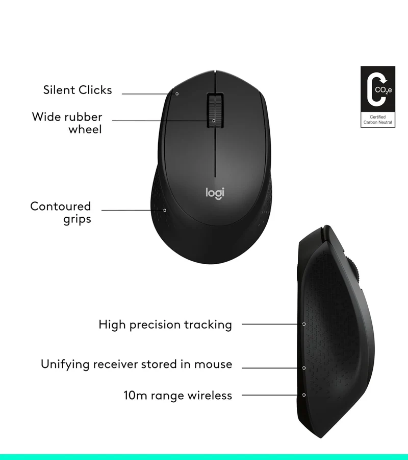 Logitech M330 SILENT Wireless Mouse, 2.4GHz with USB Receiver, Optical Tracking, Quiet & Lightweight, Long Battery Life, for PC, Mac, Laptop, Chromebook - Black