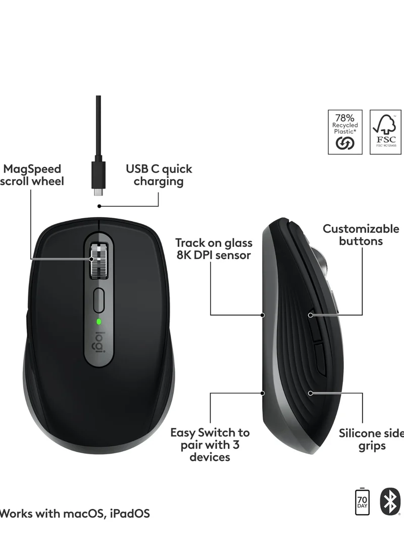 Logitech MX Anywhere 3S for Mac, Compact Wireless Bluetooth Mouse, 8K DPI Any-Surface Tracking, Quiet Clicks, USB C, Wireless Mouse for MacBook Pro, MacBook Air, iMac, iPad - Space Grey