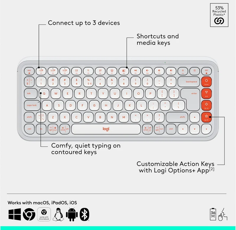 Logitech POP ICON Combo, Bluetooth Keyboard and Mouse Combo, Comfortable Typing, programmable Keys and Buttons, Quiet clicks, Easy-Switch up to 3 Devices - Off-White