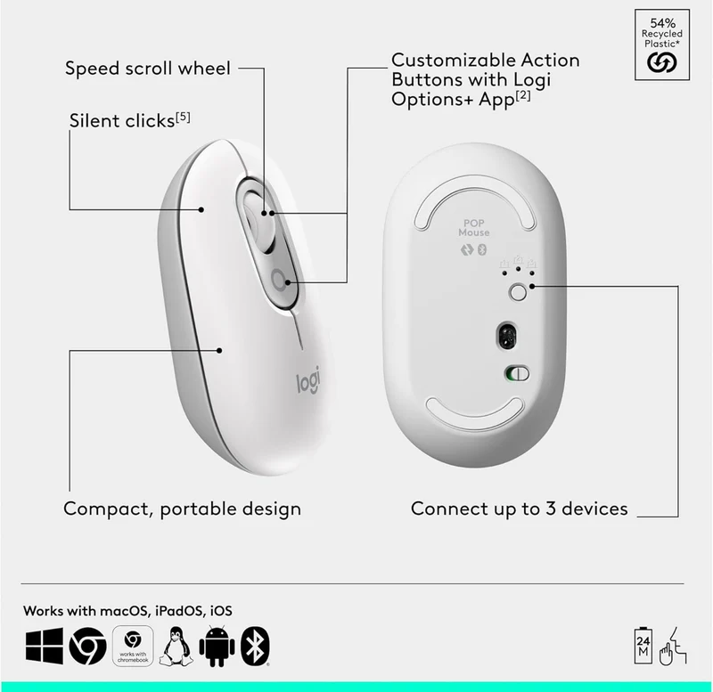 Logitech POP ICON Combo, Bluetooth Keyboard and Mouse Combo, Comfortable Typing, programmable Keys and Buttons, Quiet clicks, Easy-Switch up to 3 Devices - Off-White