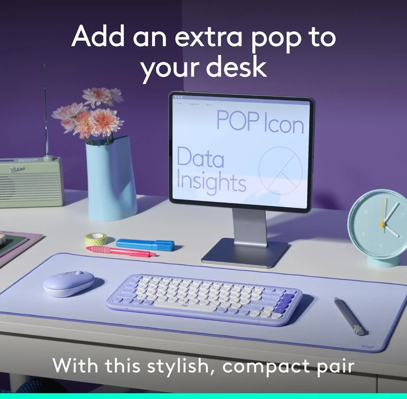Logitech POP ICON Combo, Bluetooth Keyboard and Mouse Combo, Comfortable Typing, programmable Keys and Buttons, Quiet clicks, Easy-Switch up to 3 Devices - Lilac