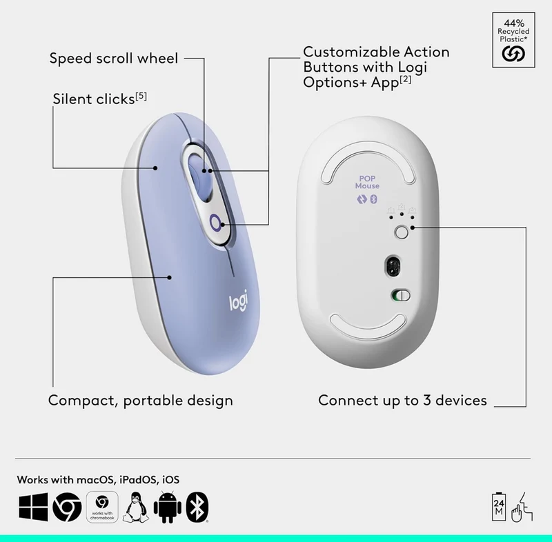 Logitech POP ICON Combo, Bluetooth Keyboard and Mouse Combo, Comfortable Typing, programmable Keys and Buttons, Quiet clicks, Easy-Switch up to 3 Devices - Lilac