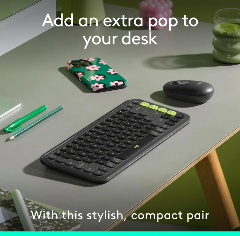 Logitech POP ICON Combo, Bluetooth Keyboard and Mouse Combo, Comfortable Typing, programmable Keys and Buttons, Quiet clicks, Easy-Switch up to 3 Devices - Graphite and Lime