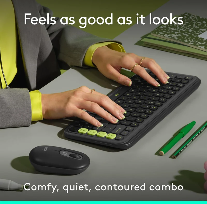 Logitech POP ICON Combo, Bluetooth Keyboard and Mouse Combo, Comfortable Typing, programmable Keys and Buttons, Quiet clicks, Easy-Switch up to 3 Devices - Graphite and Lime