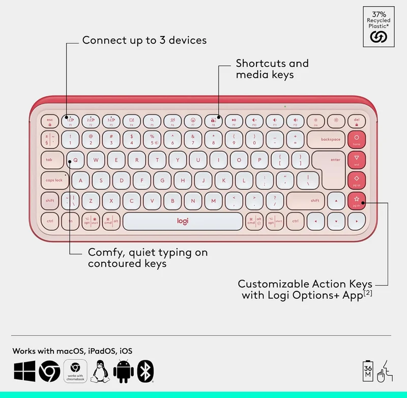 Logitech POP ICON Combo, Bluetooth Keyboard and Mouse Combo, Comfortable Typing, programmable Keys and Buttons, Quiet clicks, Easy-Switch up to 3 Devices - Rose