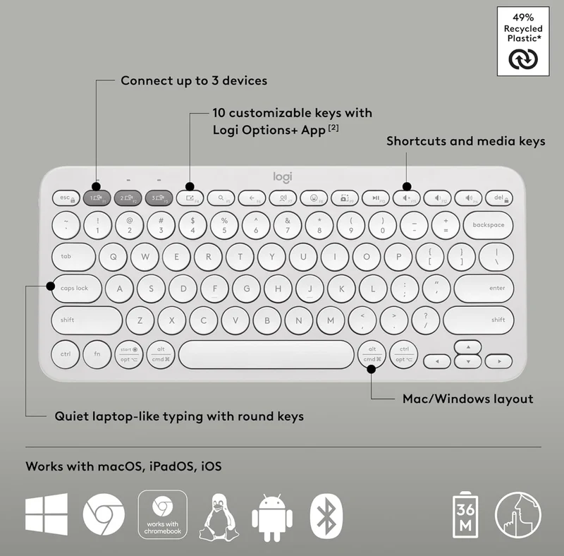 Logitech Pebble Keys 2 K380s, Multi-Device Bluetooth Wireless Keyboard with Customizable Shortcuts, Slim and Portable, Easy-Switch for Windows, macOS, iPadOS, Android, Chrome OS - Tonal White