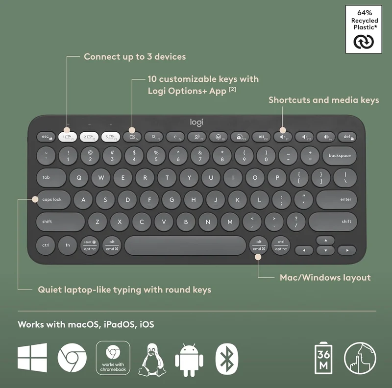 Logitech Pebble Keys 2 K380s, Multi-Device Bluetooth Wireless Keyboard with Customizable Shortcuts, Slim and Portable, Easy-Switch for Windows, macOS, iPadOS, Android, Chrome OS - Tonal Graphite