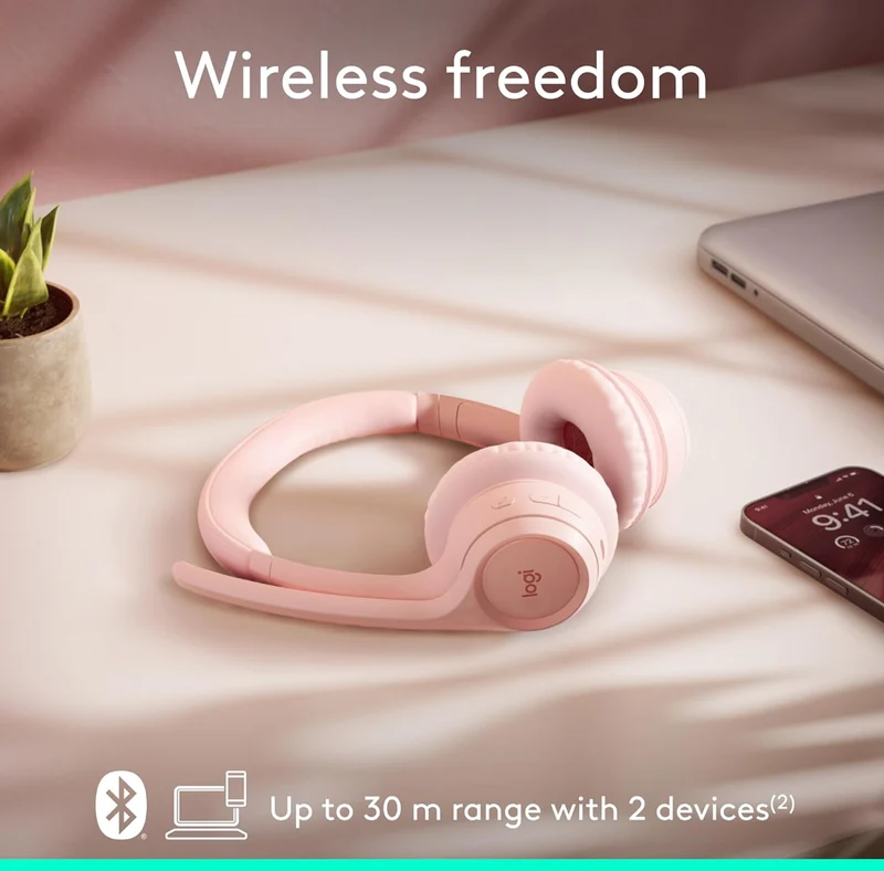 Logitech Zone 300 Wireless Bluetooth Headset with Noise-Canceling Microphone, Compatible with Windows, Mac, Chrome, Linux, iOS, iPadOS, Android – Rose