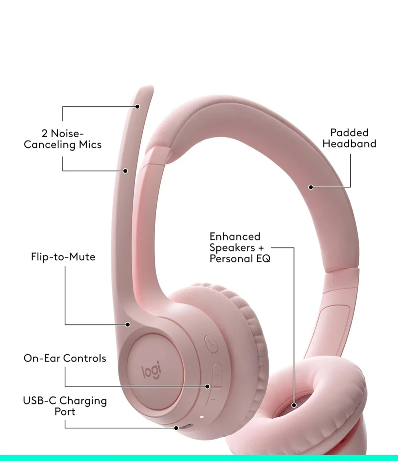 Logitech Zone 300 Wireless Bluetooth Headset with Noise-Canceling Microphone, Compatible with Windows, Mac, Chrome, Linux, iOS, iPadOS, Android – Rose