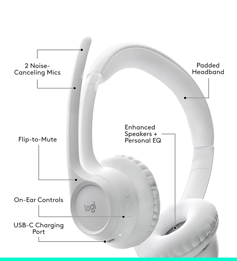Logitech Zone 300 Wireless Bluetooth Headset with Noise-Canceling Microphone, Compatible with Windows, Mac, Chrome, Linux, iOS, iPadOS, Android – Off-White
