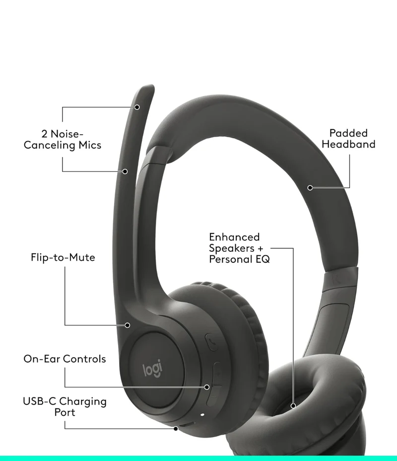 Logitech Zone 301 Wireless Bluetooth Headset with Noise-Canceling Microphone, Compatible with Windows, Mac, Chrome, Linux, iOS, iPadOS, Android – Graphite