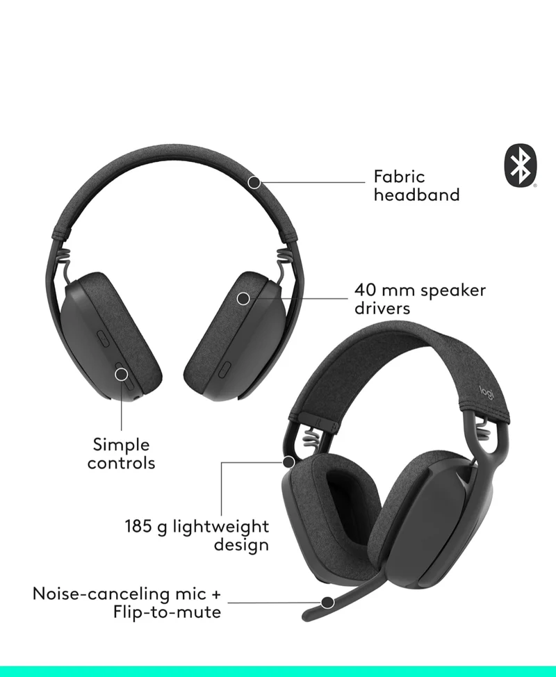 Logitech Zone Vibe 100 Lightweight Wireless Over Ear Headphones with Noise Canceling Microphone, Advanced Multipoint Bluetooth Headset, Works with Teams, Google Meet, Zoom, Mac/PC - Graphite