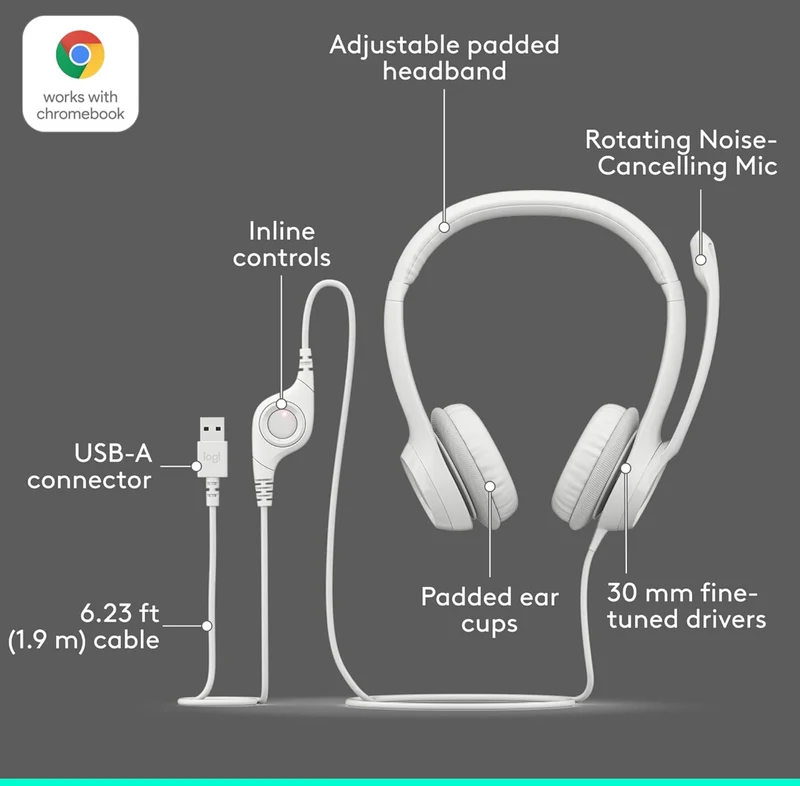 Logitech H390 Gaming Headphones, Wired Headphones with Mic, USB Headset with Microphone for PC, Noise Cancelling Microphone for Video Meetings, Music, Gaming - Off White