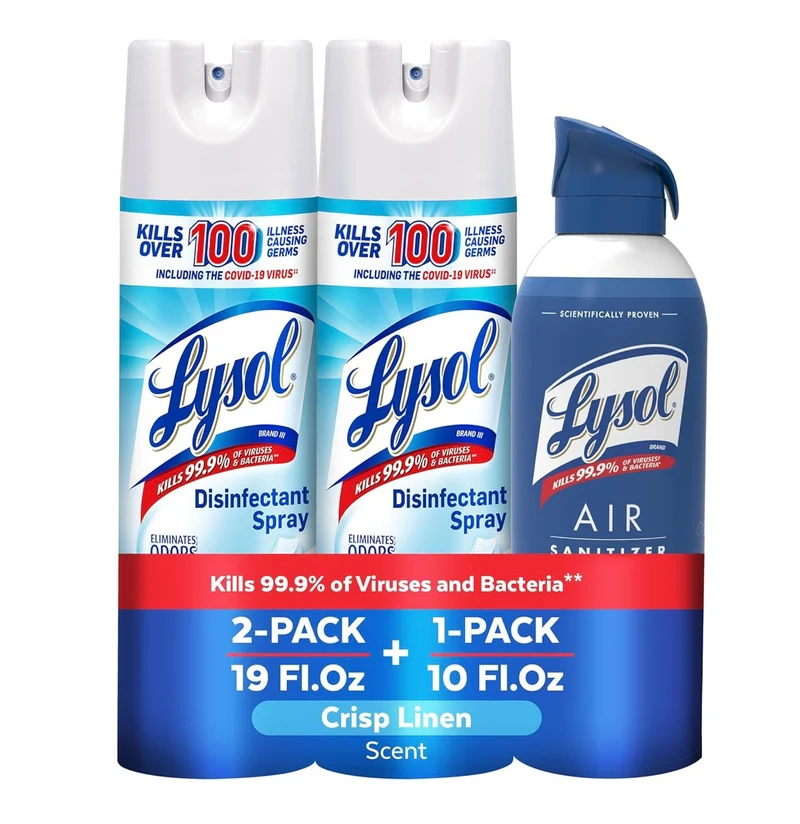 Lysol Bundle containing x2 Lysol Disinfectant Spray for Hard and Soft Surfaces, Crisp Linen, 19 Fl. Oz + Lysol Air Sanitizer Spray, For Air Sanitization and Odor Elimination, White Linen, 10 Fl. Oz