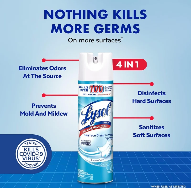 Lysol Disinfectant Spray, Household Essential Cleaning Supplies, Multi-Purpose Room Spray, Antibacterial Sanitizer Spray, Upholstery Deodorizer, Home and Bathroom, Crisp Linen,19 Fl Oz (Pack of 12)