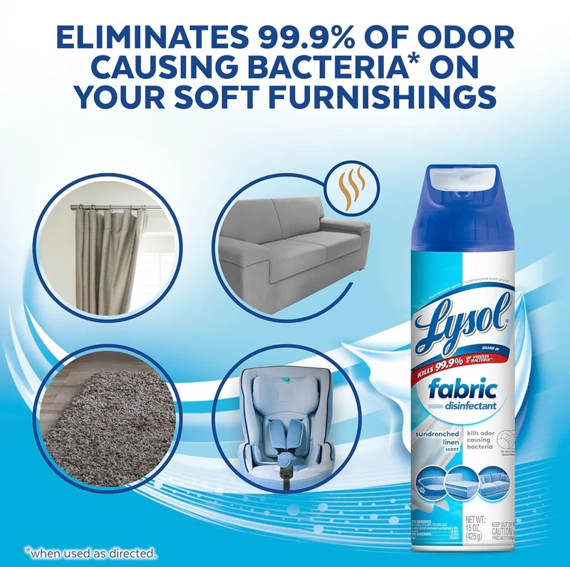 Lysol Fabric Disinfectant Spray, Sanitizing and Antibacterial Spray, For Disinfecting and Deodorizing Soft Furnishings, Sundrenched Linen 15 FL. Oz