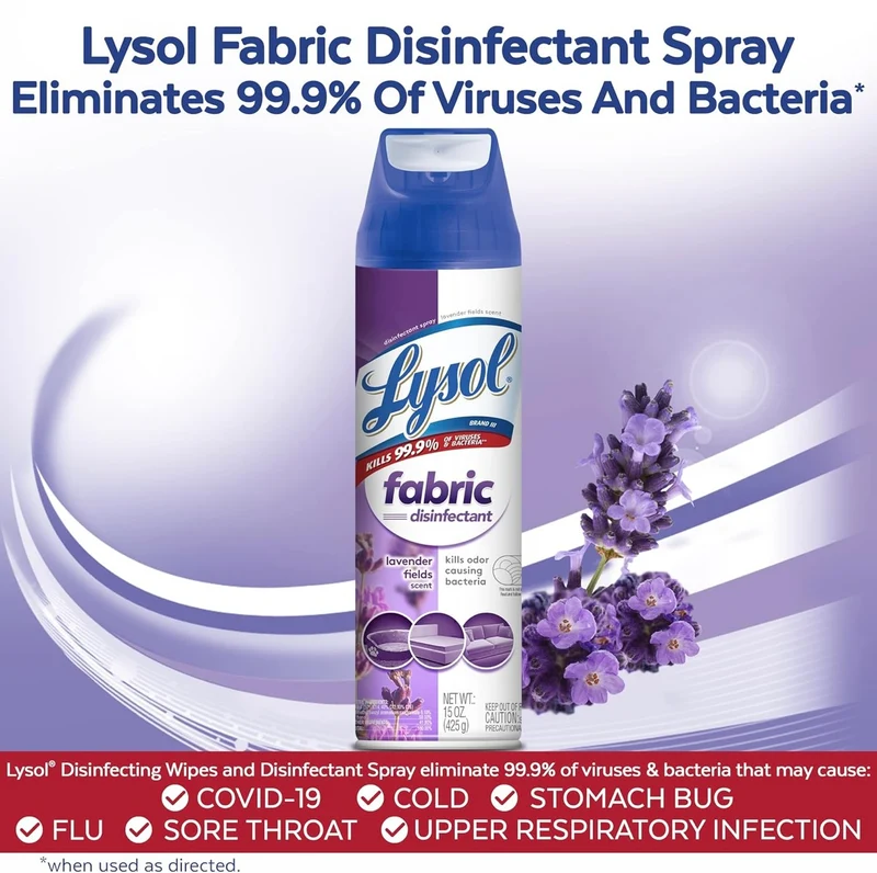Lysol Fabric Disinfectant Spray, Sanitizing and Antibacterial Spray, For Disinfecting and Deodorizing Soft Furnishings, Lavender Fields 15 Fl. Oz (Pack of 3)