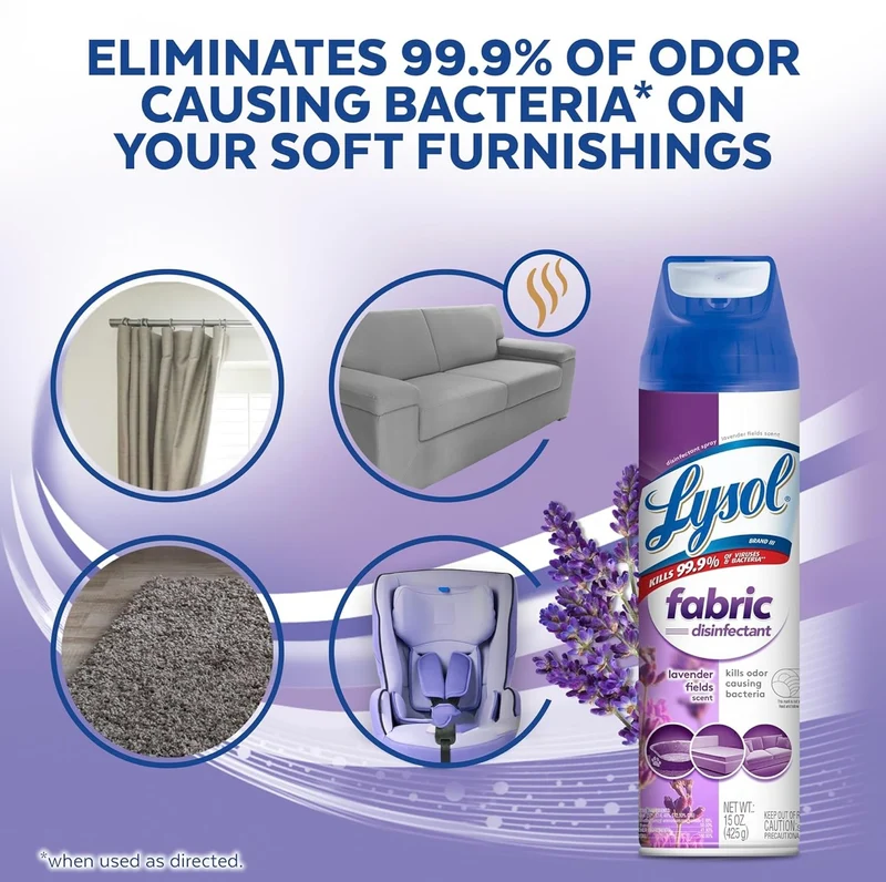 Lysol Fabric Disinfectant Spray, Sanitizing and Antibacterial Spray, For Disinfecting and Deodorizing Soft Furnishings, Lavender Fields 15 Fl. Oz (Pack of 3)
