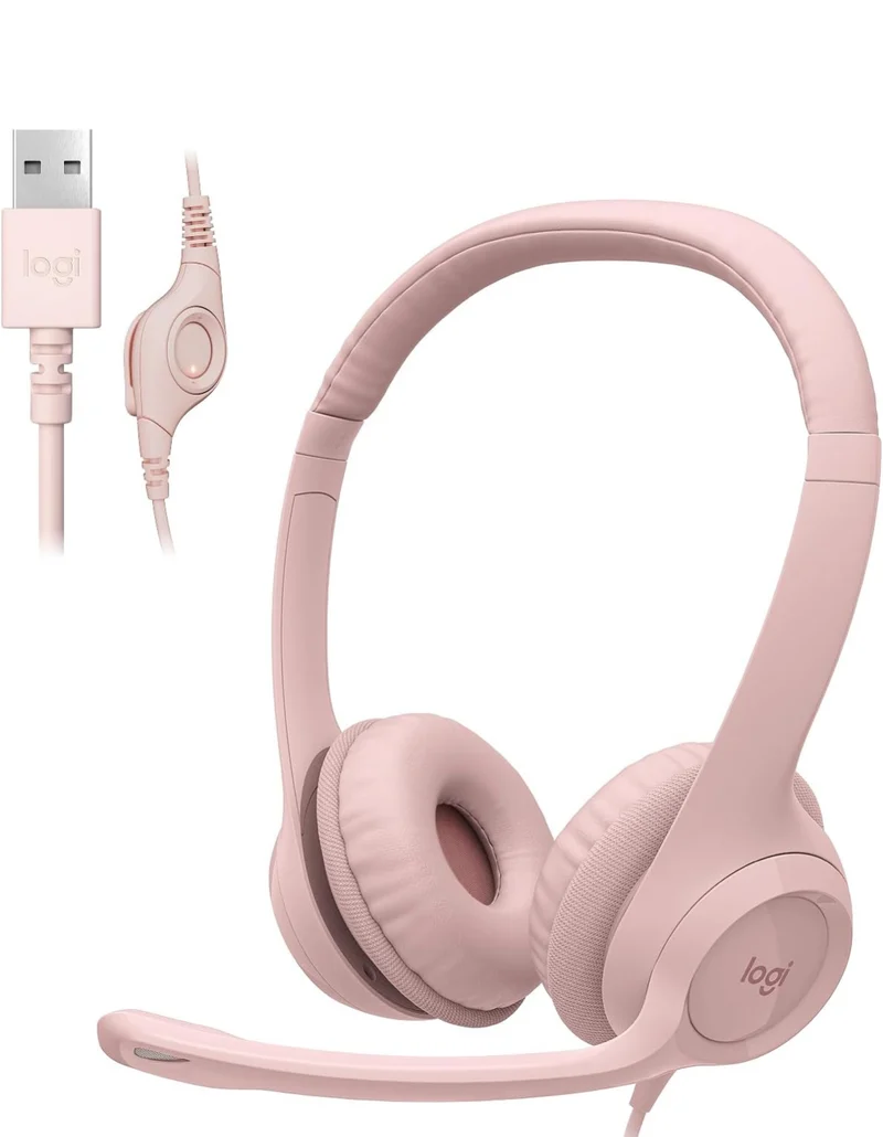Logitech H390 Gaming Headphones, Wired Headphones with Mic, USB Headset with Microphone for PC, Noise Cancelling Microphone for Video Meetings, Music, Gaming - Rose