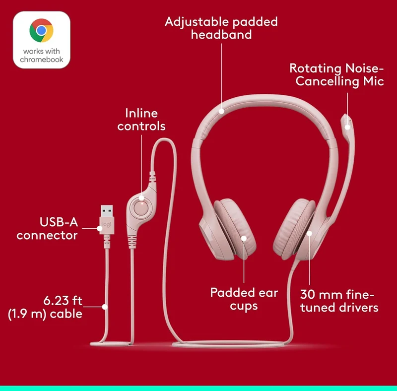 Logitech H390 Gaming Headphones, Wired Headphones with Mic, USB Headset with Microphone for PC, Noise Cancelling Microphone for Video Meetings, Music, Gaming - Rose