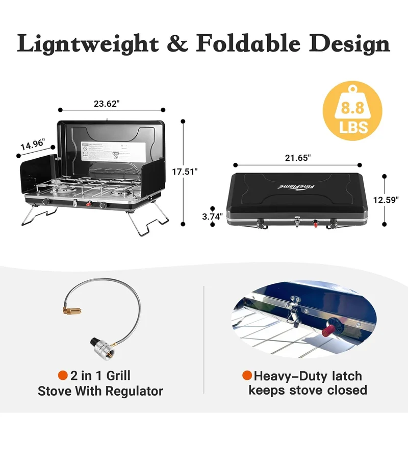 Portable Camping Stove 2 Burners with Regulator Integrated Igniter & Stainless Steel Drip Tray