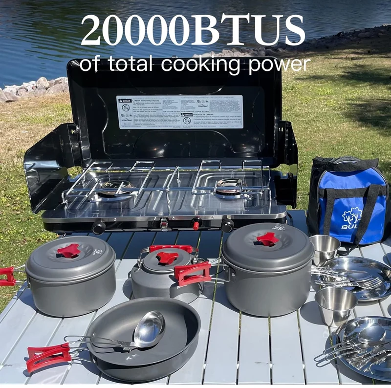 Portable Camping Stove 2 Burners with Regulator Integrated Igniter & Stainless Steel Drip Tray