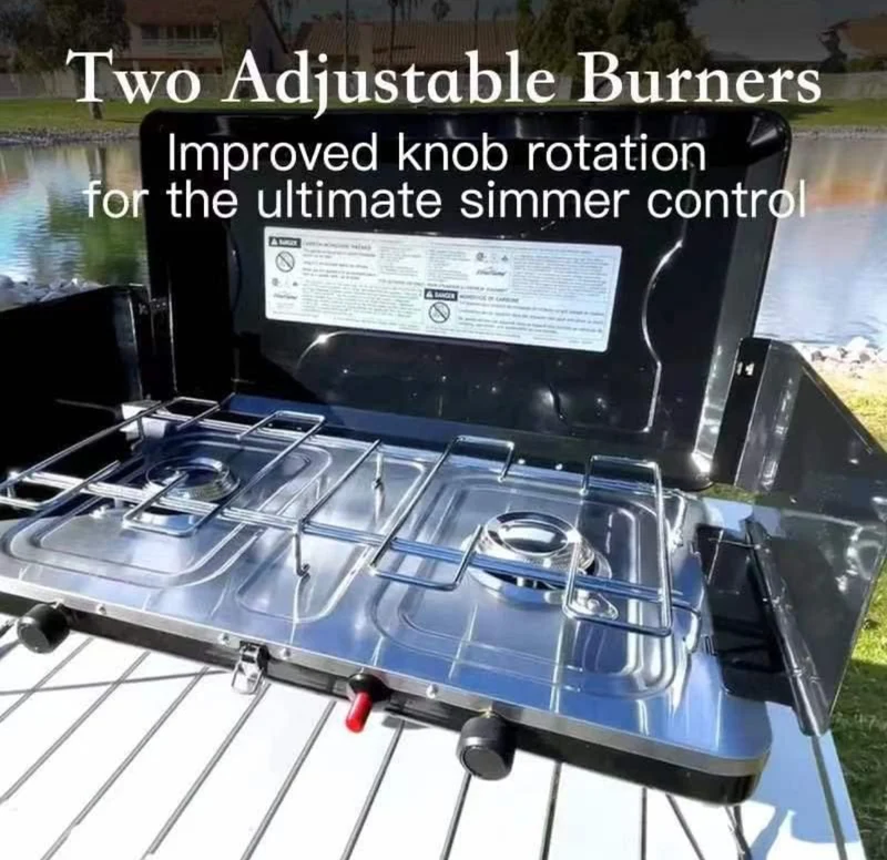 Portable Camping Stove 2 Burners with Regulator Integrated Igniter & Stainless Steel Drip Tray