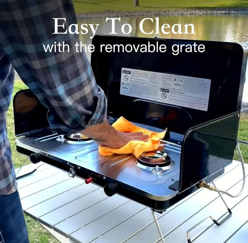 Portable Camping Stove 2 Burners with Regulator Integrated Igniter & Stainless Steel Drip Tray