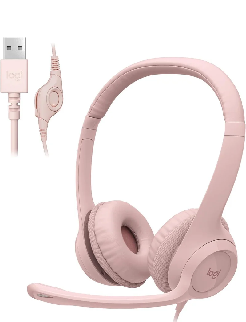 Logitech H390 Gaming Headphones, Wired Headphones with Mic, USB Headset with Microphone for PC, Noise Cancelling Microphone for Video Meetings, Music, Gaming - Rose