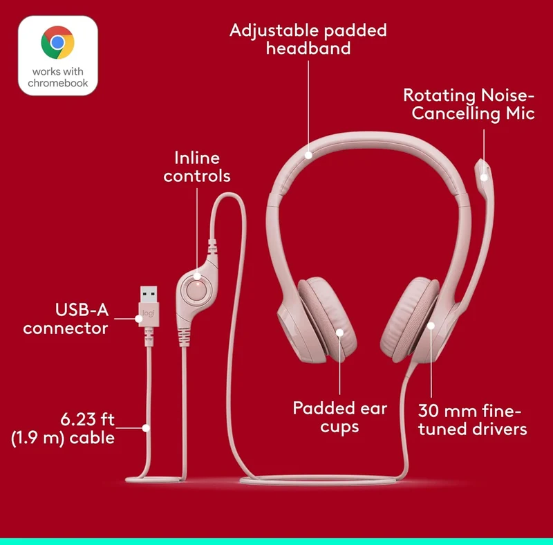 Logitech H390 Gaming Headphones, Wired Headphones with Mic, USB Headset with Microphone for PC, Noise Cancelling Microphone for Video Meetings, Music, Gaming - Rose