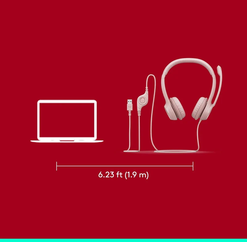 Logitech H390 Gaming Headphones, Wired Headphones with Mic, USB Headset with Microphone for PC, Noise Cancelling Microphone for Video Meetings, Music, Gaming - Rose