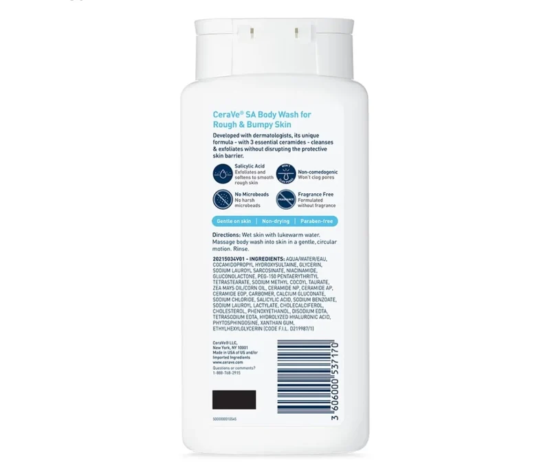 CeraVe Body Wash with Salicylic Acid, Fragrance Free Body Wash to Exfoliate Rough and Bumpy Skin, Allergy Tested (10 Oz)