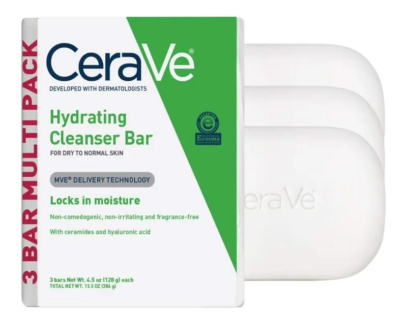 CeraVe Hydrating Cleanser Bar, Soap-Free Body and Facial Cleanser with 5% Moisturizing Cream, Fragrance-Free, 3-Pack, 4.5 Ounce Each