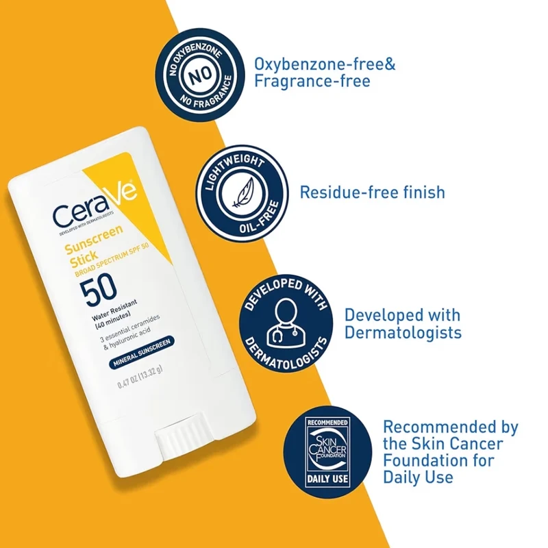 CeraVe Mineral Sunscreen Stick SPF 50, Broad Spectrum Hyaluronic Acid + Ceramides 100% Mineral Face Sunscreen Stick Oil Free