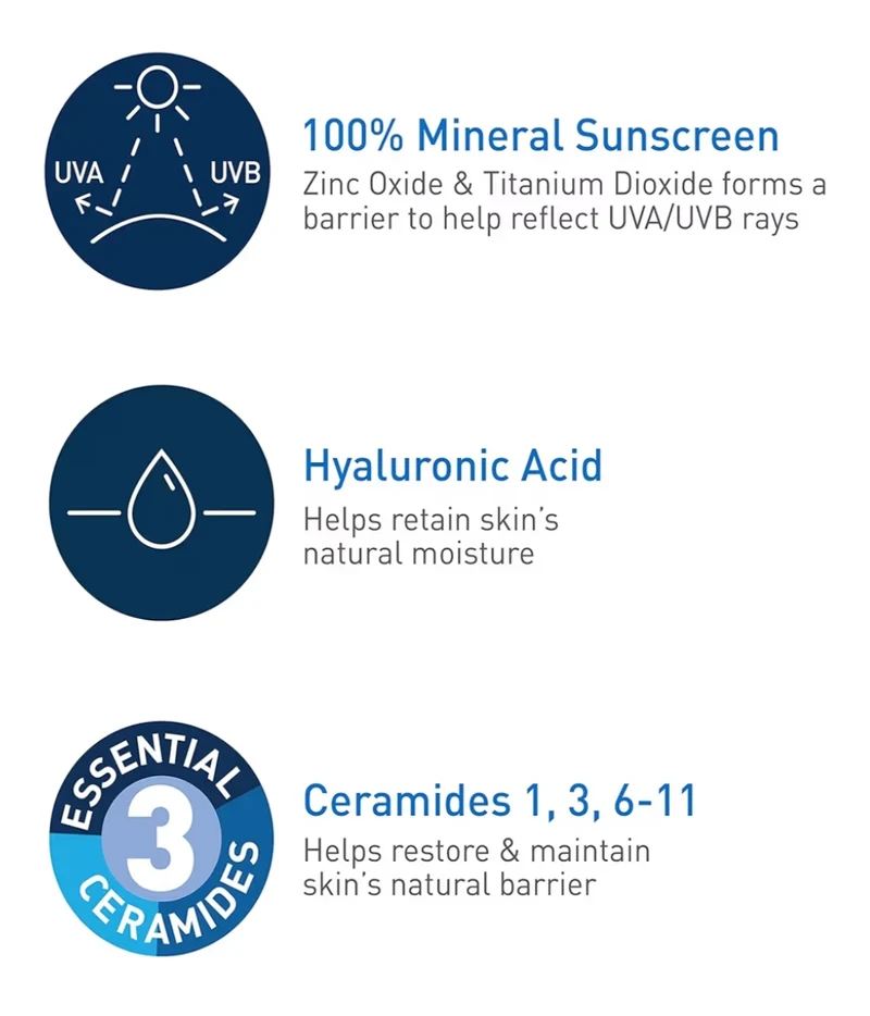 CeraVe 100% Mineral Sunscreen SPF 30 w/ Zinc Oxide & Titanium Dioxide, Hyaluronic Acid & Ceramides, Oil Free (5 oz)