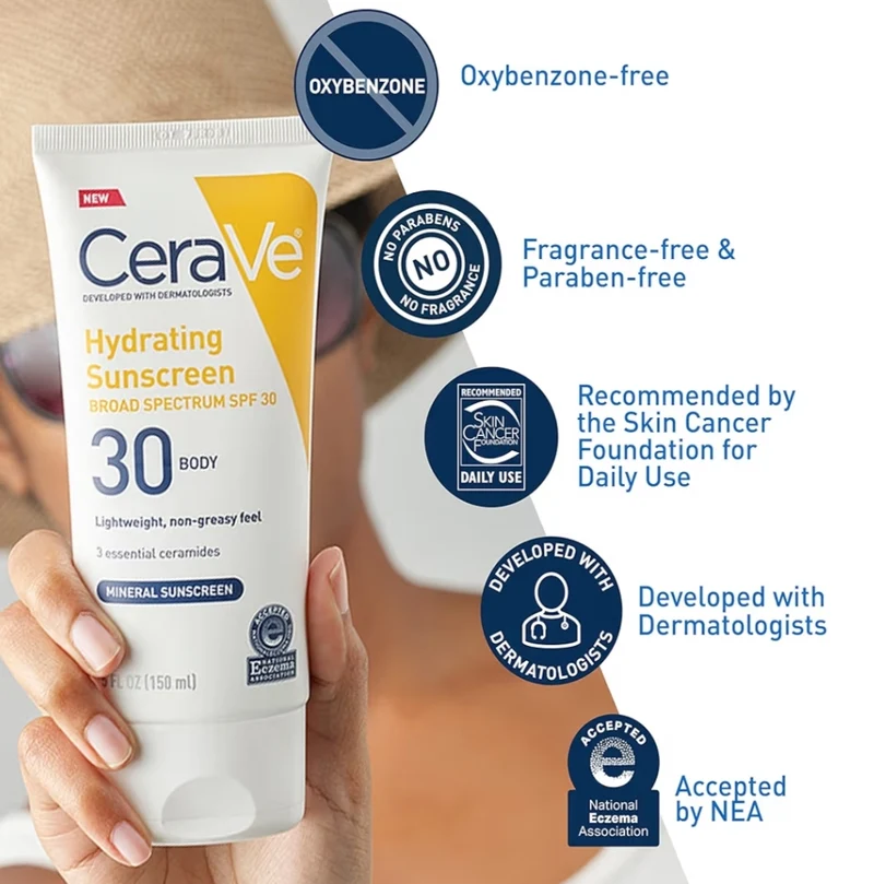 CeraVe 100% Mineral Sunscreen SPF 30 w/ Zinc Oxide & Titanium Dioxide, Hyaluronic Acid & Ceramides, Oil Free (5 oz)